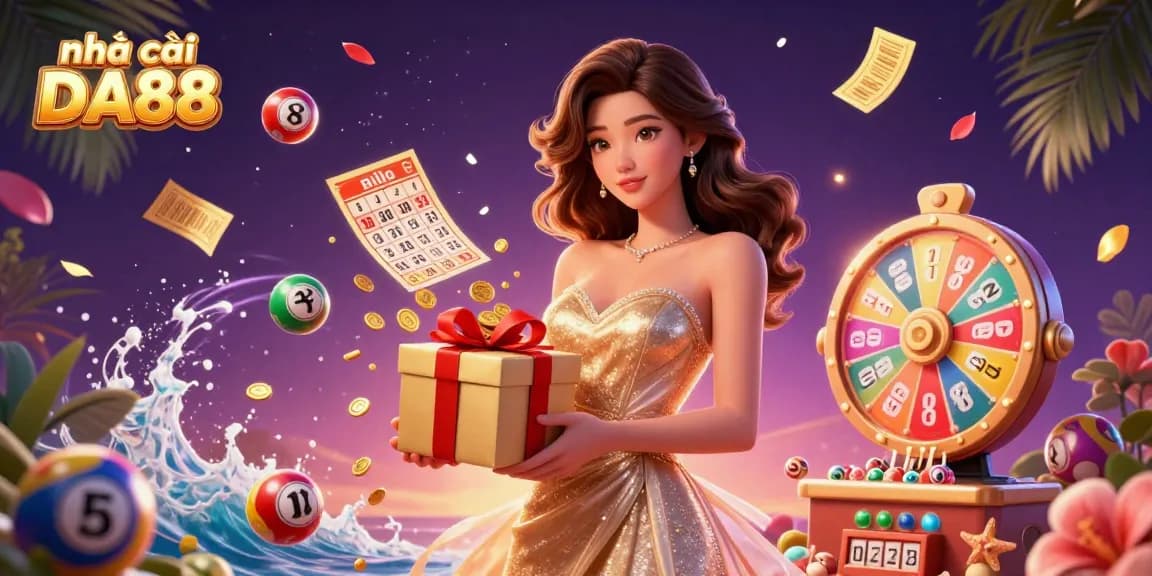 Experience the excitement at nhà cái DA88 with vibrant casino illustrations featuring lottery elements and festive decorations.