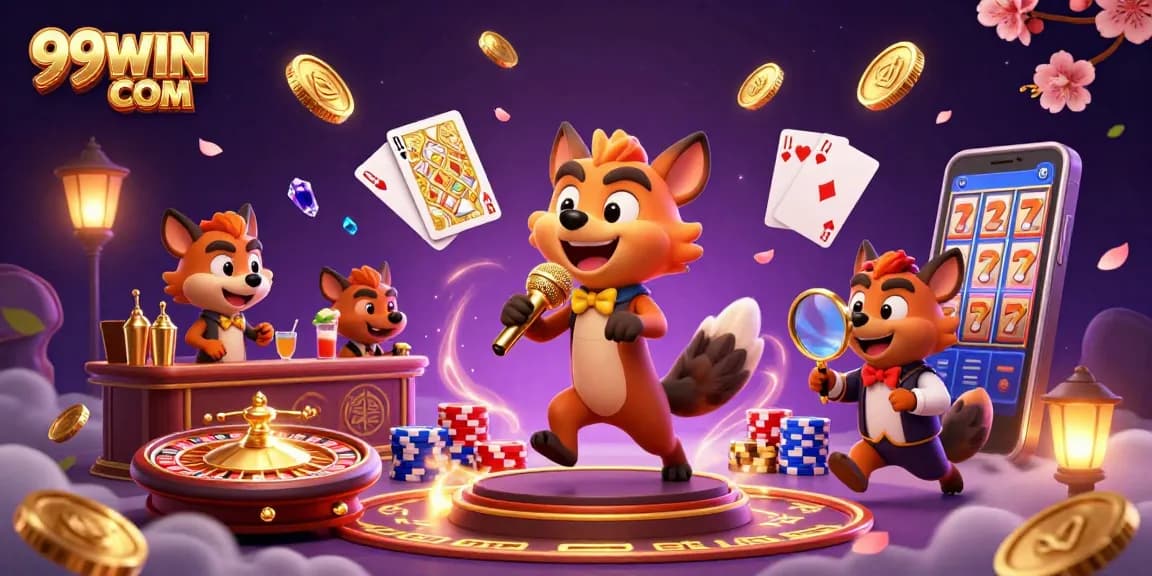 Experience the excitement of 99WIN COM with vibrant hyenas running a comedy casino club, featuring dynamic gaming elements.