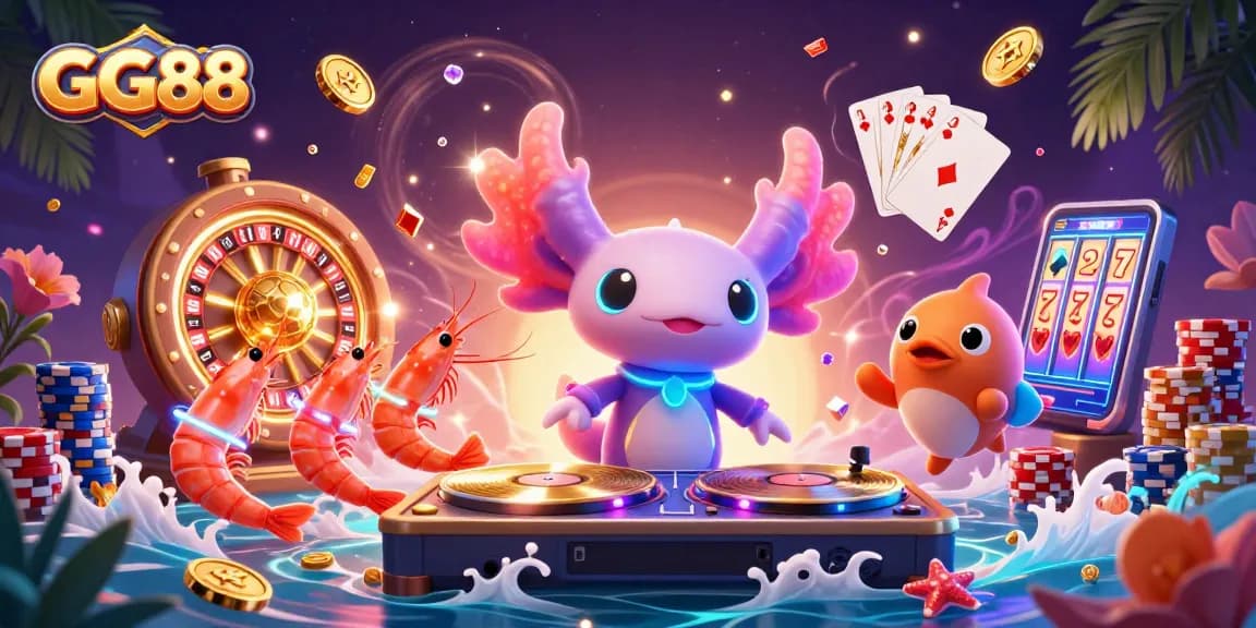 Spin to win with GG88 in a vibrant underwater casino scene featuring neon characters, coins, and games.