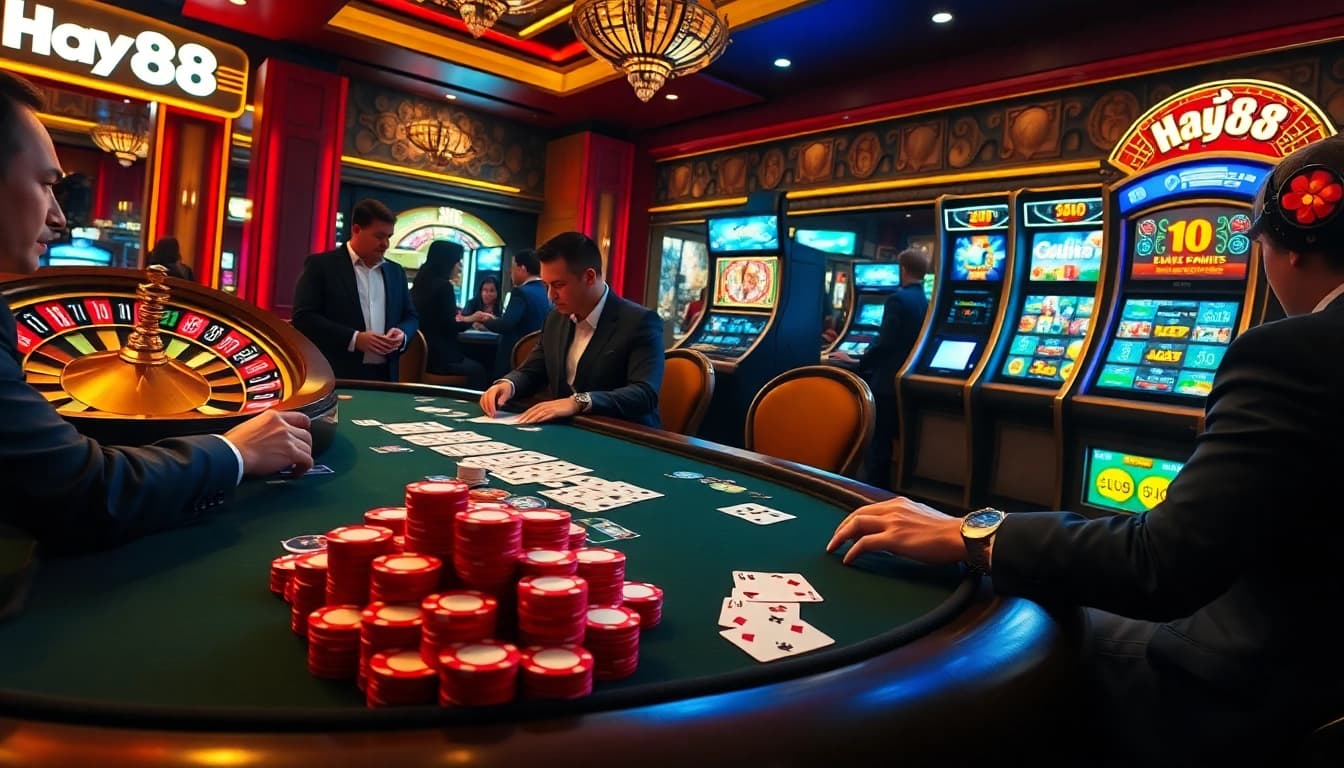 Experience thrilling gameplay at Hay88 with poker and slot machines in a luxurious casino setting.