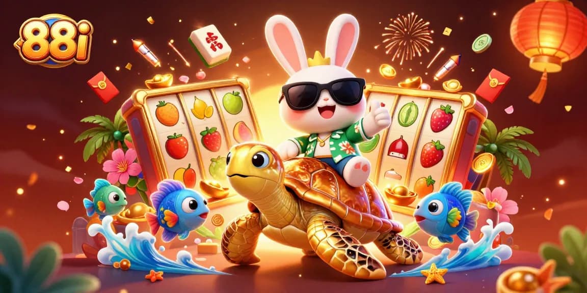 Immerse in the thrilling action of 88i with a lucky rabbit and turtle in a vibrant 3D casino scene.
