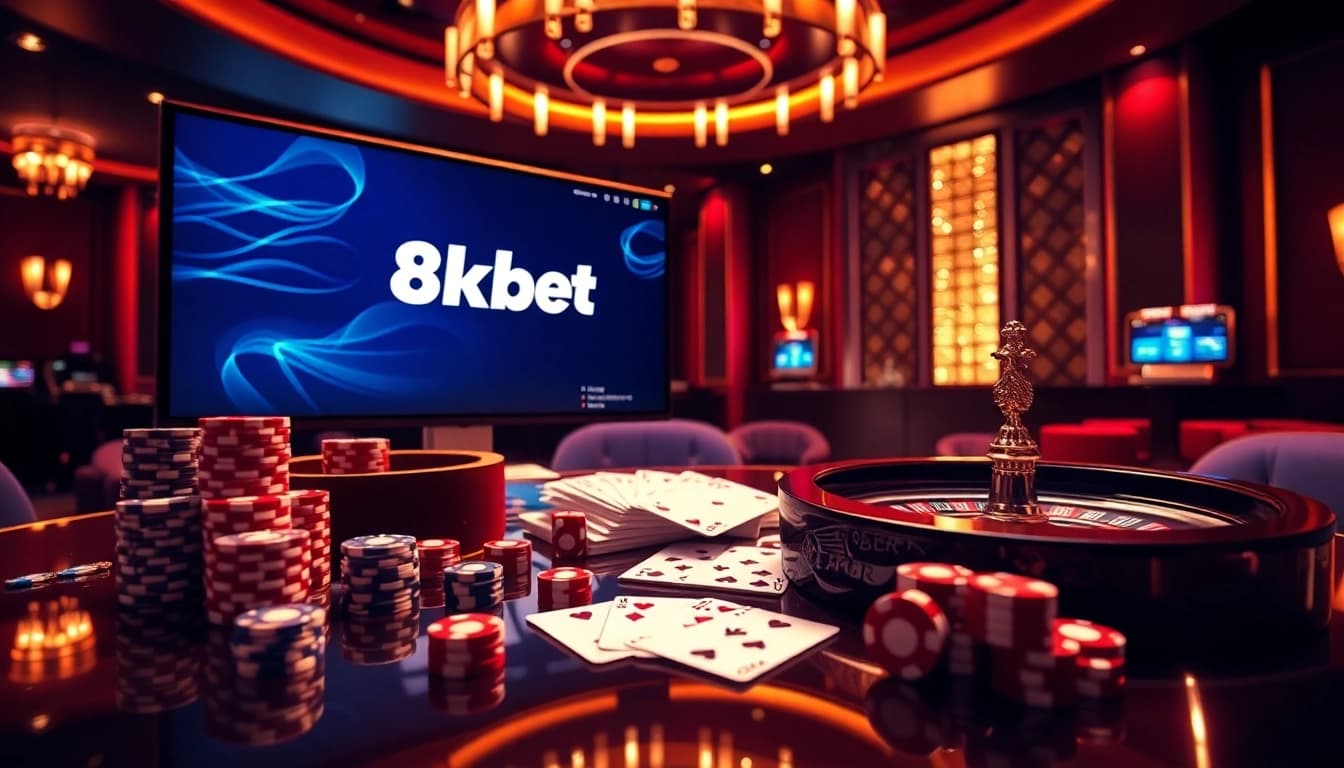 Experience the thrill of gambling on 8kbet with professional casino elements like poker chips and roulette wheels.