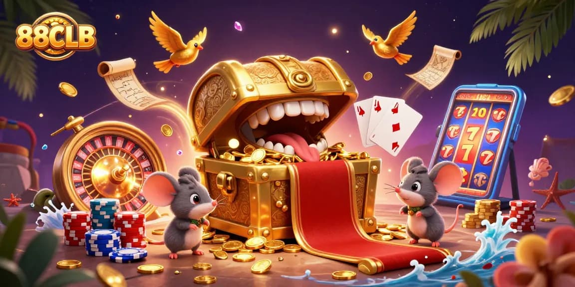 Engage with 88CLB as mice are lured to golden treasures amidst sparkling casino elements.