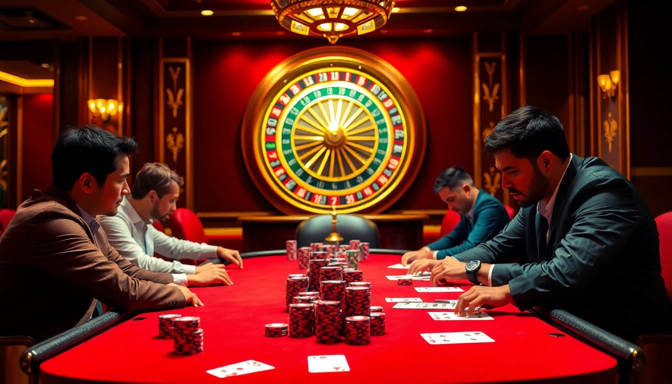Engaging poker scene at LC88 casino showcasing vibrant chips and players in action.