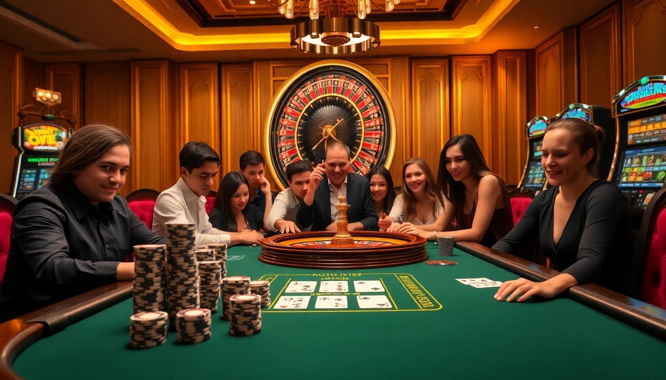 Exciting gambling scene at 77ball net showcasing poker chips, roulette, and engaged players.