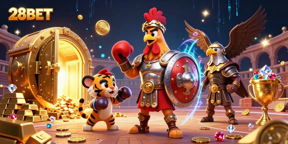 Engage in thrilling gameplay at 28BET with a vibrant casino illustration depicting excitement and rewards.