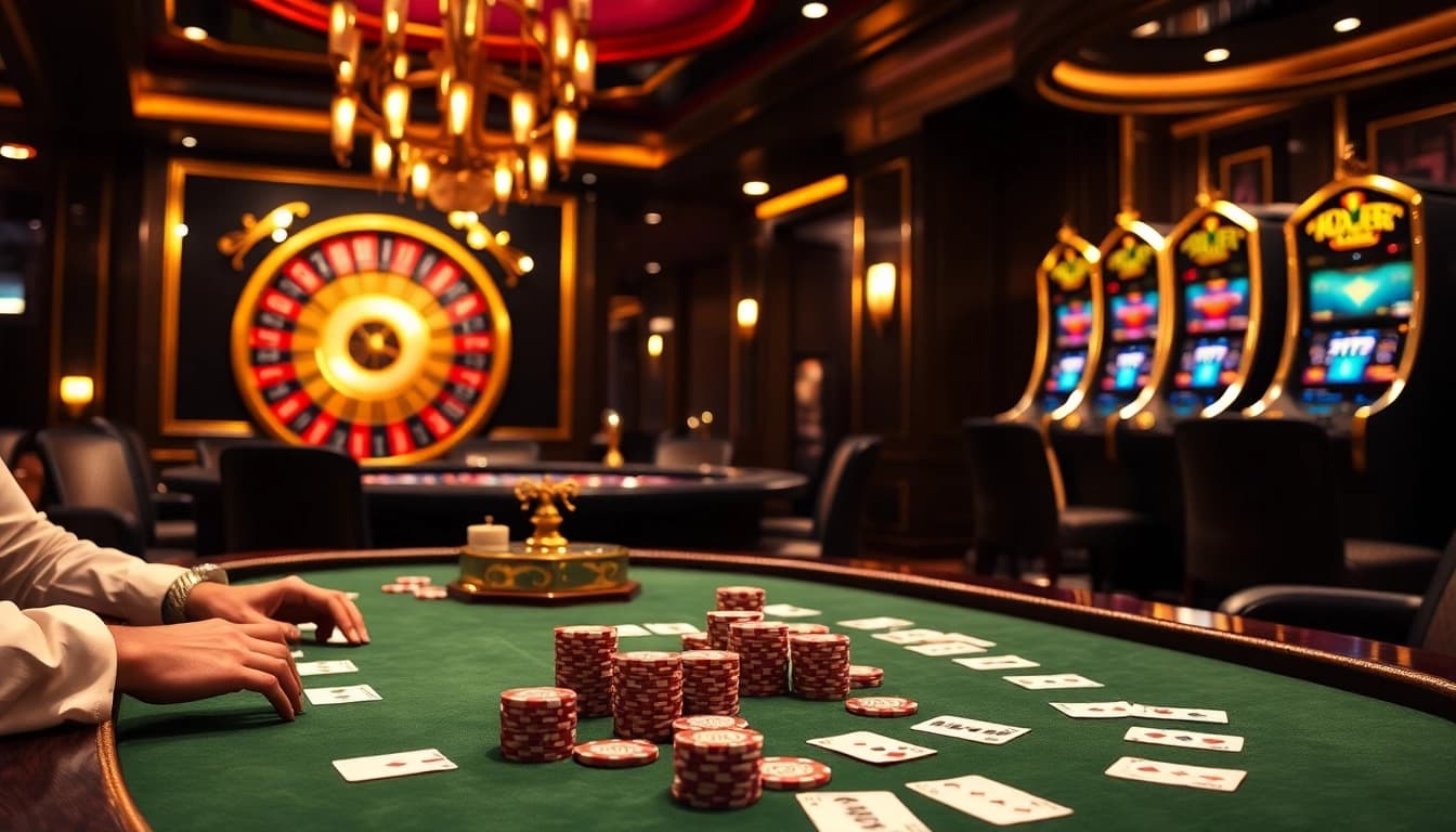 Experience high-stakes gambling at BDTK66 with poker chips and a vibrant roulette wheel.