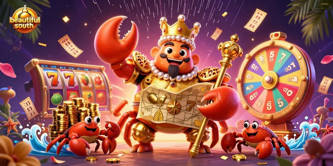 Experience beautifulsouth with vibrant slot games represented by a golden crab emperor and dynamic casino elements.