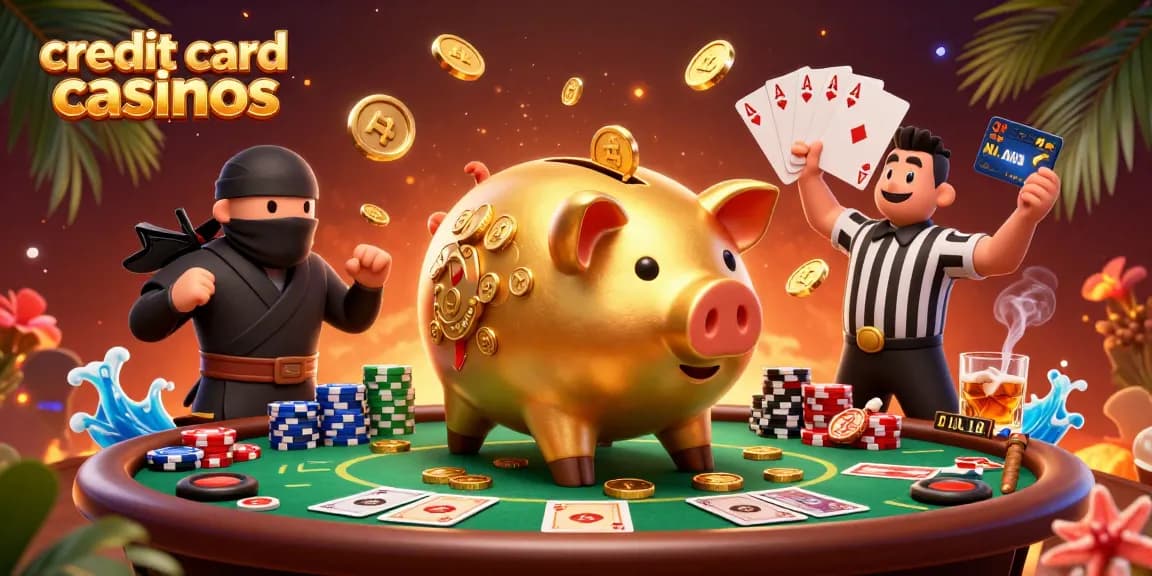 Experience exciting action in credit card casinos with lively characters and vibrant casino elements.