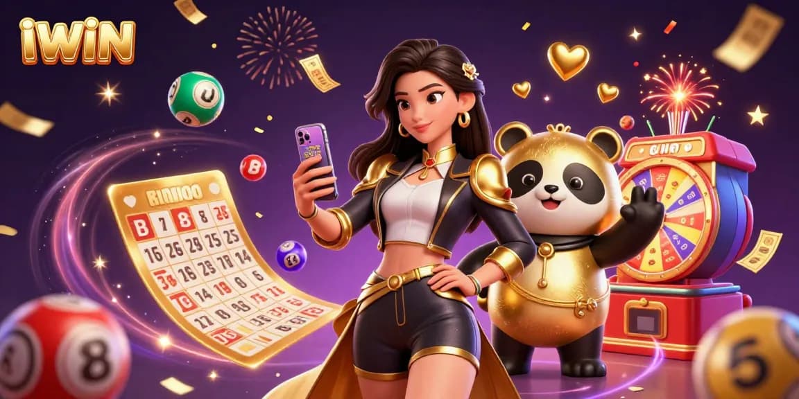 IWIN showcases an exciting gambling scene with a woman gaming and a playful panda amid vibrant lottery elements.