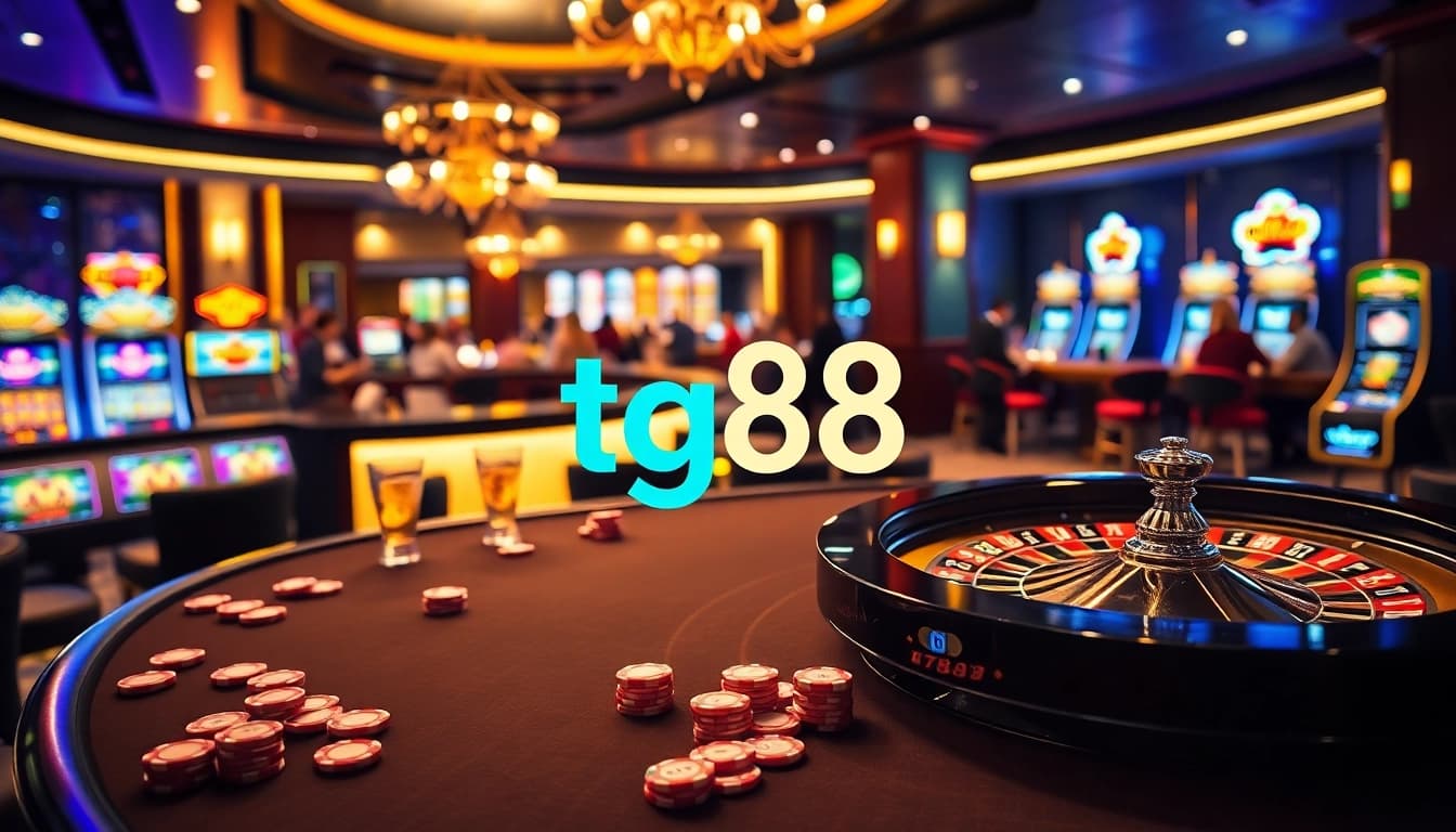 Experience the thrilling atmosphere at tg88 casino with vibrant gaming tables, chips, and roulette wheels.