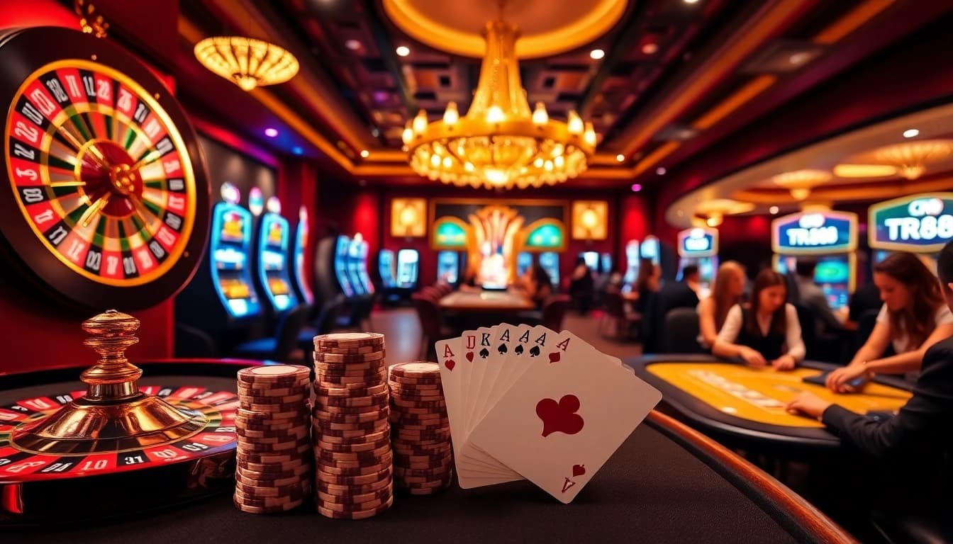 TR88 gambling excitement with players enjoying roulette and slot machines at a luxurious casino.