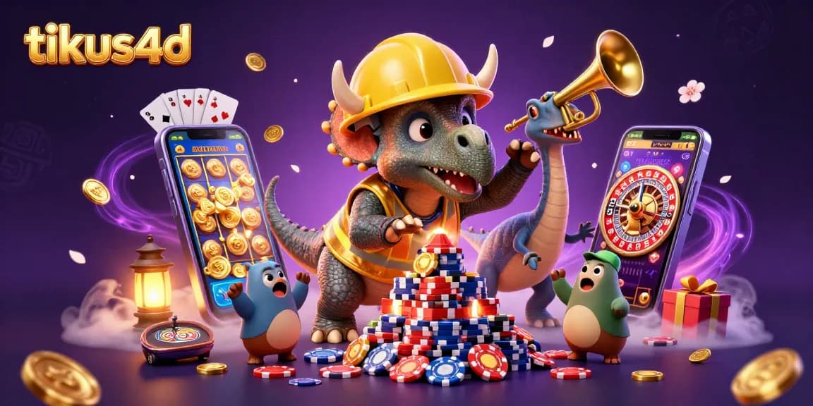 Tikus4D showcases a lively casino scene with a triceratops and friends celebrating winning slots.