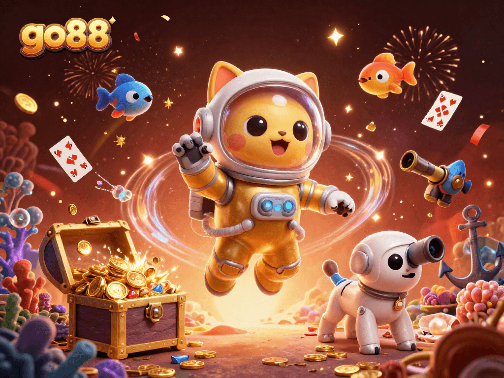 Experience the adventure of go88 with a space-casino themed illustration featuring vibrant characters and treasures.
