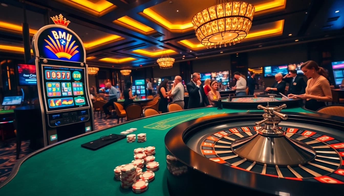 Experience the thrill of gambling with Bmw777 Link at the luxurious casino table featuring roulette and slot machines.