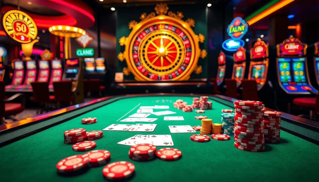 Experience the thrilling atmosphere of sun win with a luxurious casino gaming scene featuring vibrant poker tables and roulette wheels.