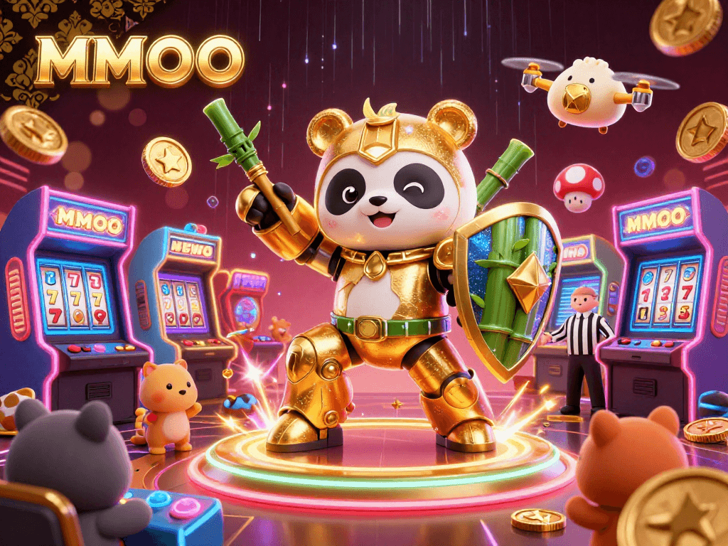 Experience MMOO’s exciting casino world with vibrant 3D scenes featuring golden panda and game elements.