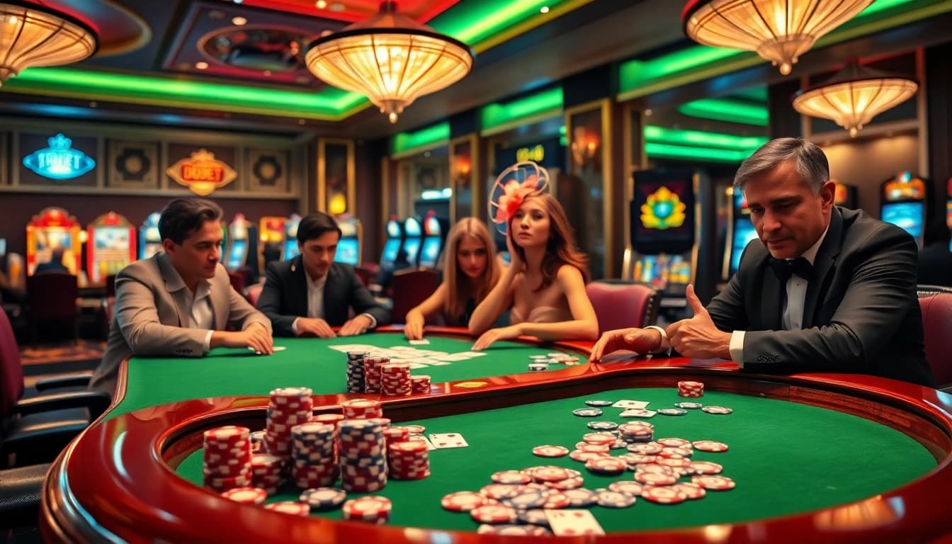Gamble strategically at HDBET-inspired poker table filled with colorful chips and cards.
