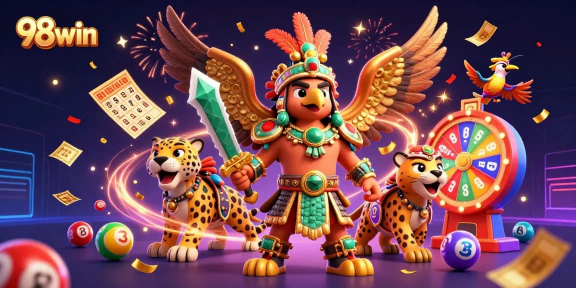 Engage in thrilling entertainment with 98win's vibrant 3D casino illustration featuring dynamic lottery elements.