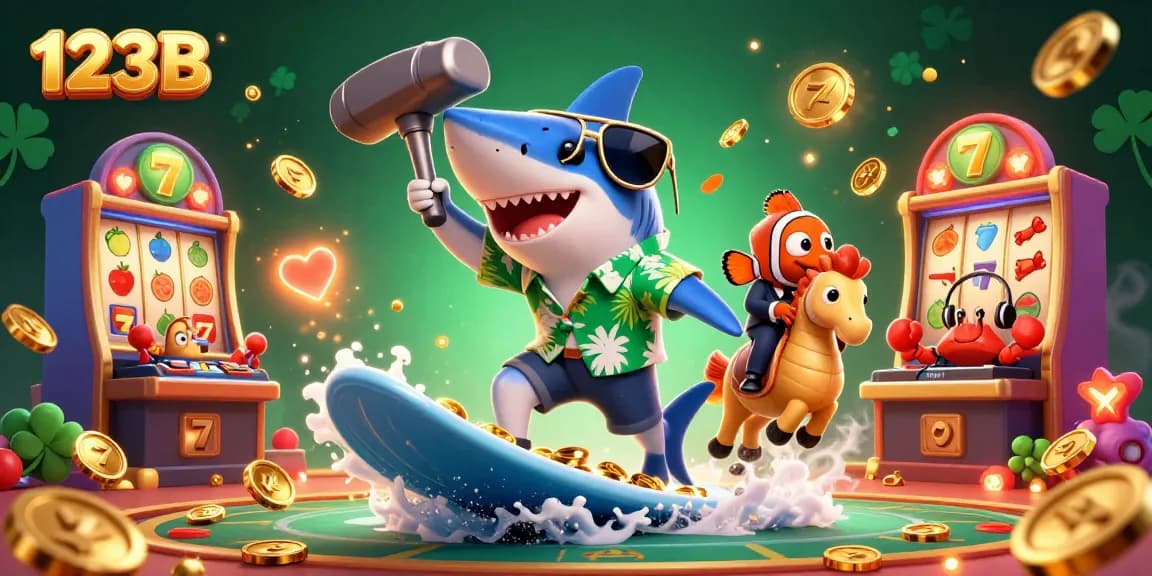 Catch the excitement at 123B with a vibrant casino-themed 3D illustration showcasing gaming elements and characters.