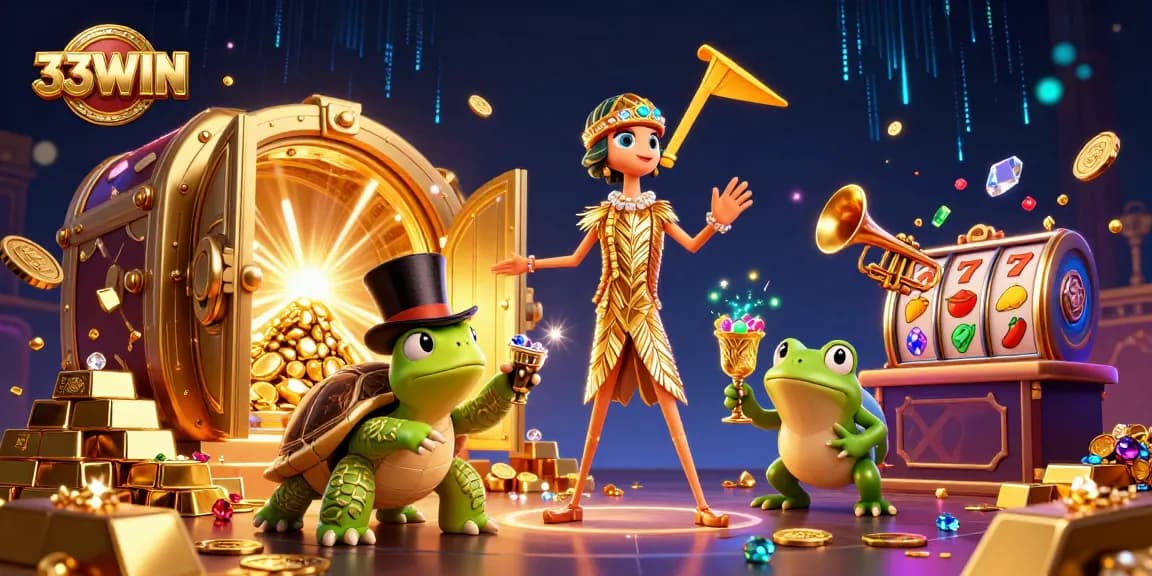 Play exciting slot games at 33WIN with vibrant characters and a treasure-filled casino atmosphere.