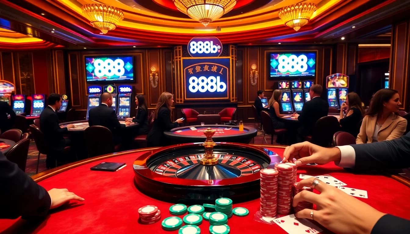 Players engaged in an exciting game at the 888b casino, showcasing poker chips and roulette.