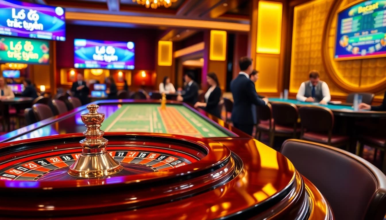 Lô đề trực tuyến exciting play at a luxurious casino with roulette and poker tables.