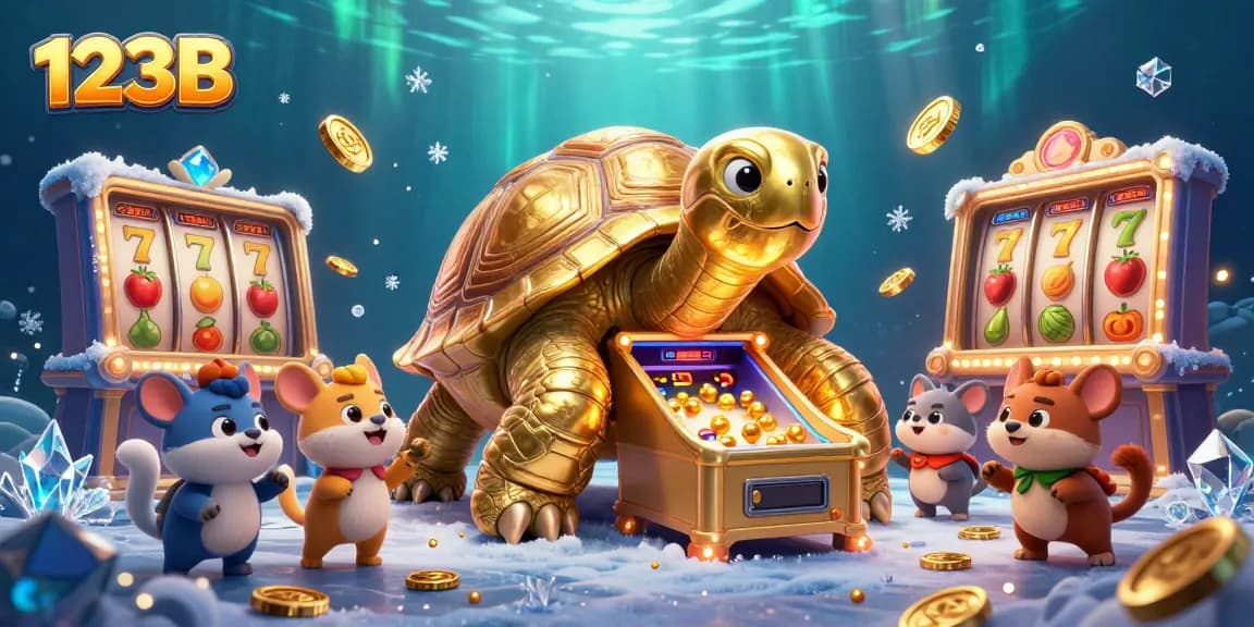 Exciting 123B casino scene with golden tortoise pinball machine and lively slot elements.