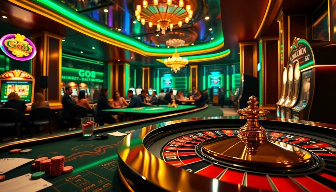 Players enjoying a high-stakes Go8 casino experience at a roulette table with vibrant colors.