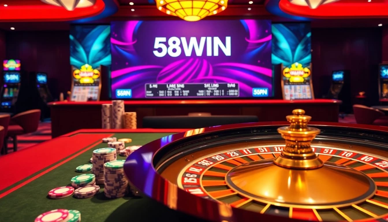 Experience the thrill of 58WIN at a vibrant roulette table with chips and online gaming elements.