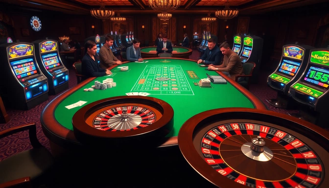 Twin68 casino table with poker chips and roulette wheel surrounded by excited players.