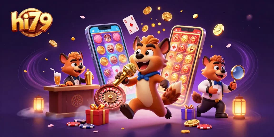 Experience the excitement at hi79 with a comedic casino scene featuring hyenas, slot games, and vibrant decor.