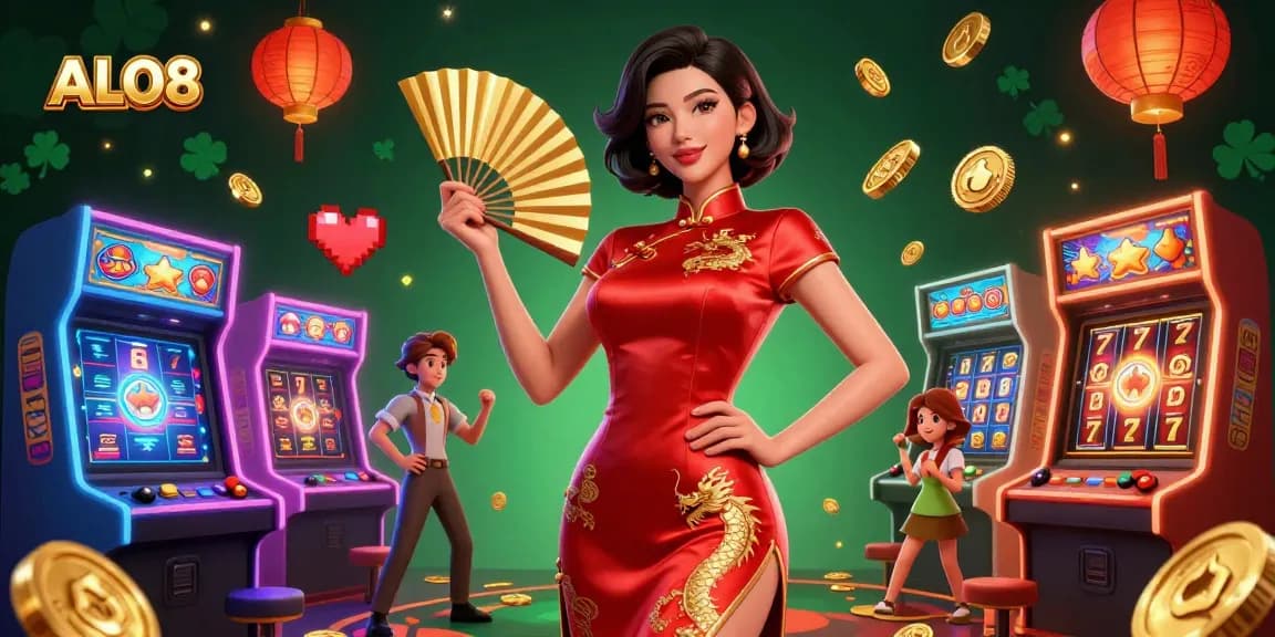 Experience the excitement of ALO8 with dynamic casino scenes filled with gold coins and vibrant game elements.