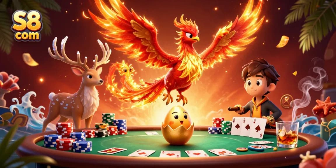 Experience thrilling gameplay with S8 com – a vibrant, dynamic casino scene featuring a phoenix and poker elements.