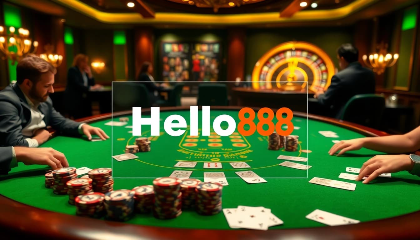 Hello88's vibrant poker game scene with players, chips, and a roulette wheel, highlighting an exciting gambling atmosphere.