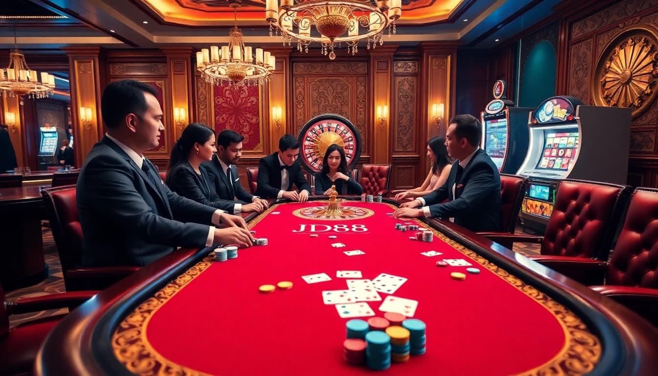 Trải nghiệm cảm giác hồi hộp của JD88 poker khi người chơi lên kế hoạch chiến lược quanh bàn casino sang trọng.