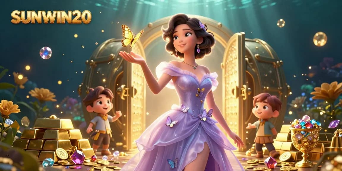 SUNWIN20 captures the essence of a vibrant casino scene with dazzling treasure and an enchanting Asian woman.