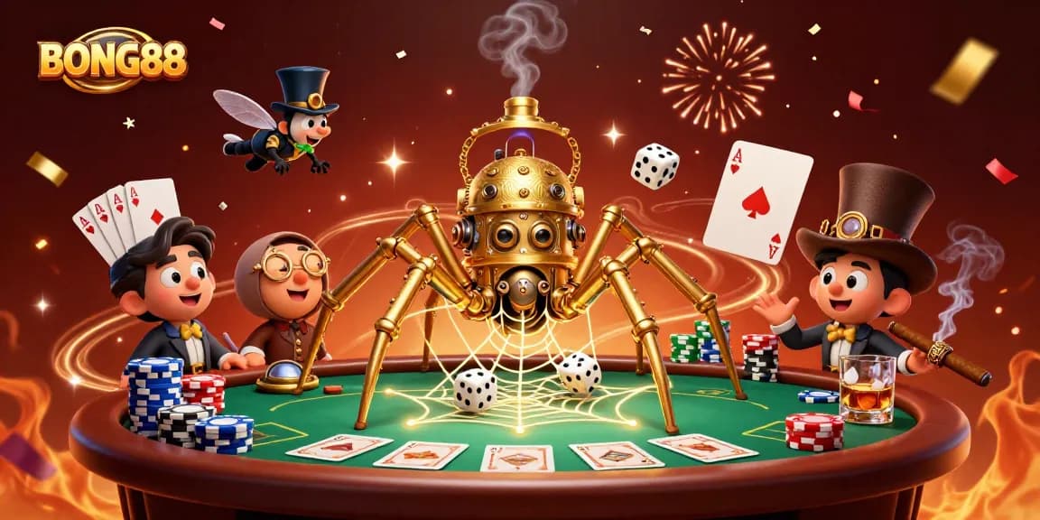 BONG88 showcases a thrilling steampunk-themed casino scene with vibrant poker elements and festive details.
