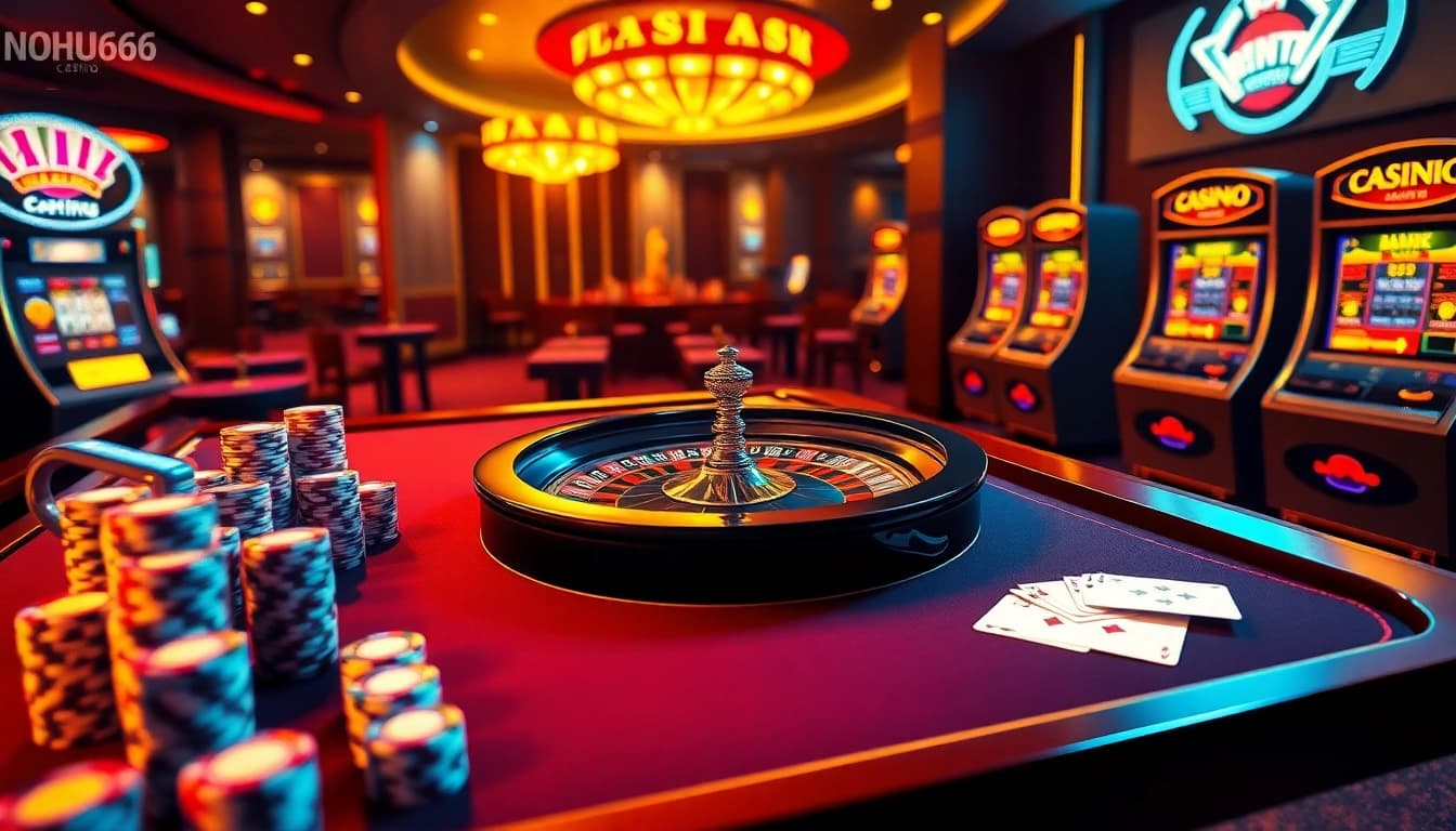 Engage in thrilling games at NOHU666, a premium online casino featuring vibrant slot machines, poker chips, and roulette tables.