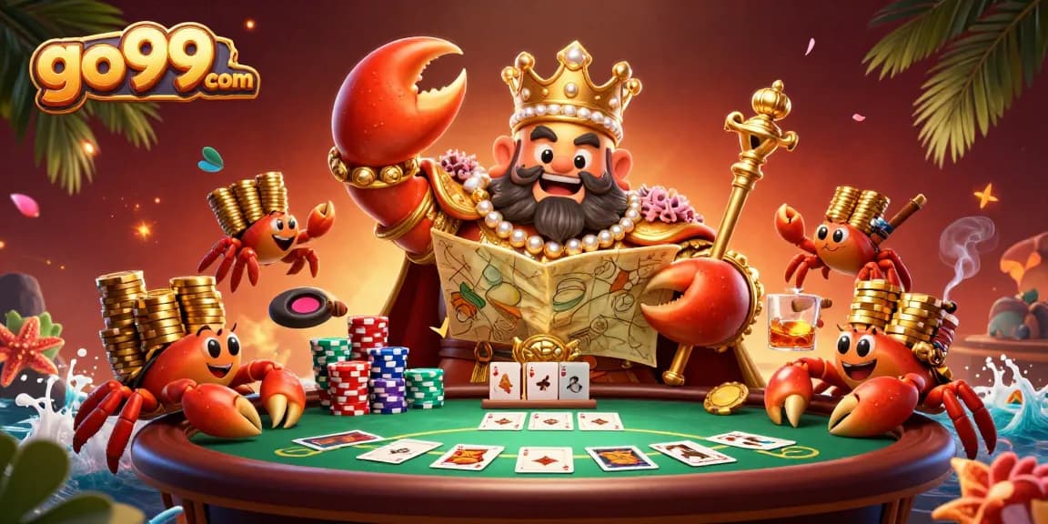 Engage with go99com's vibrant 3D casino scene featuring a golden crab emperor and dynamic poker elements.