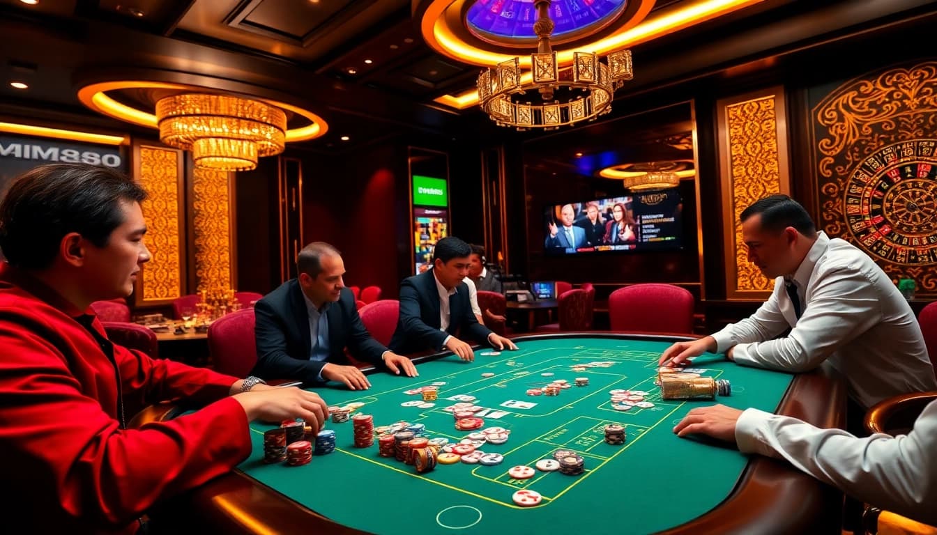 MM88 casino scene with players enjoying poker, vibrant chips, and roulette excitement.