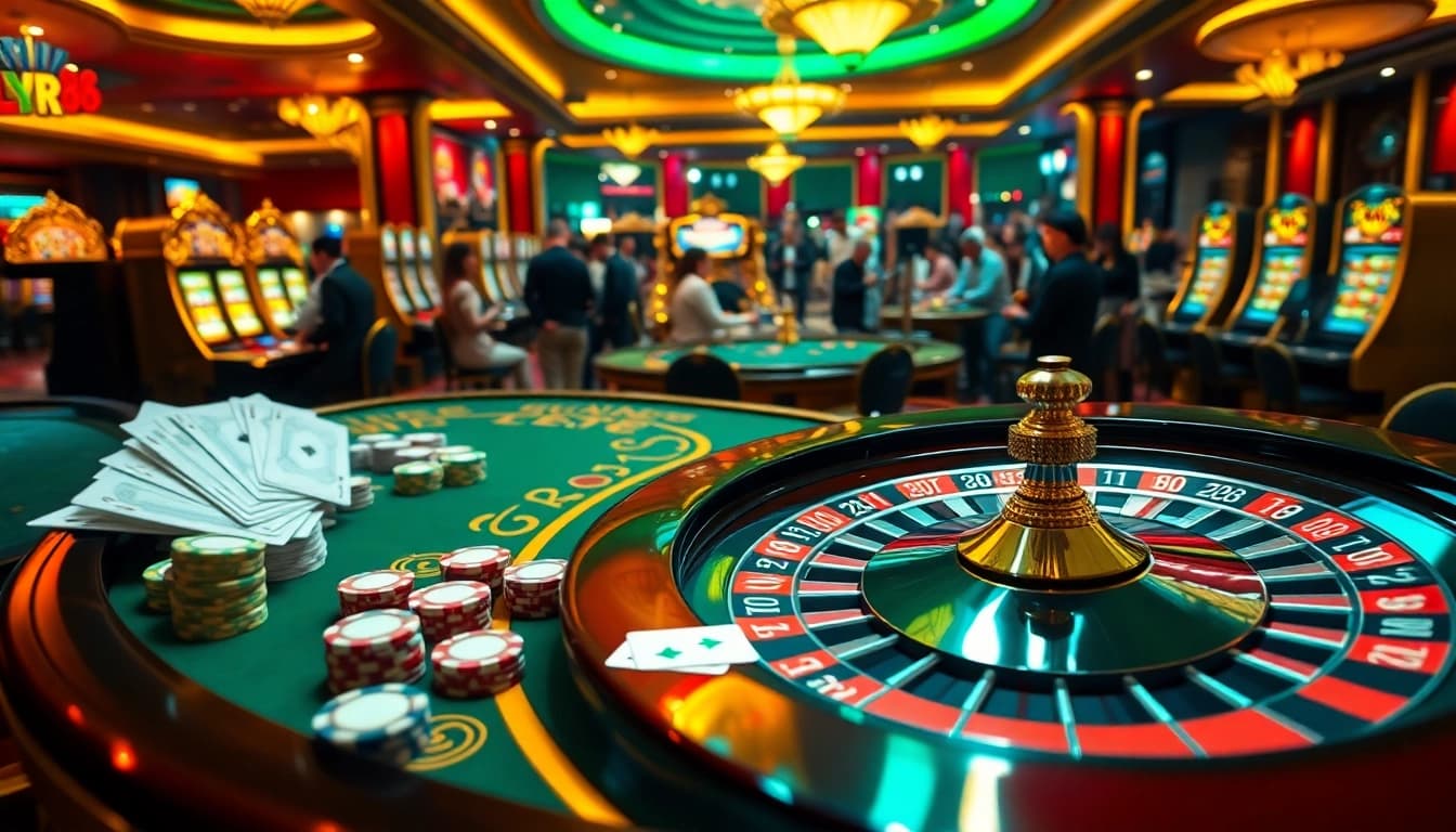 FLY88 casino scene featuring vibrant poker chips, cards, and an exciting roulette wheel experience.