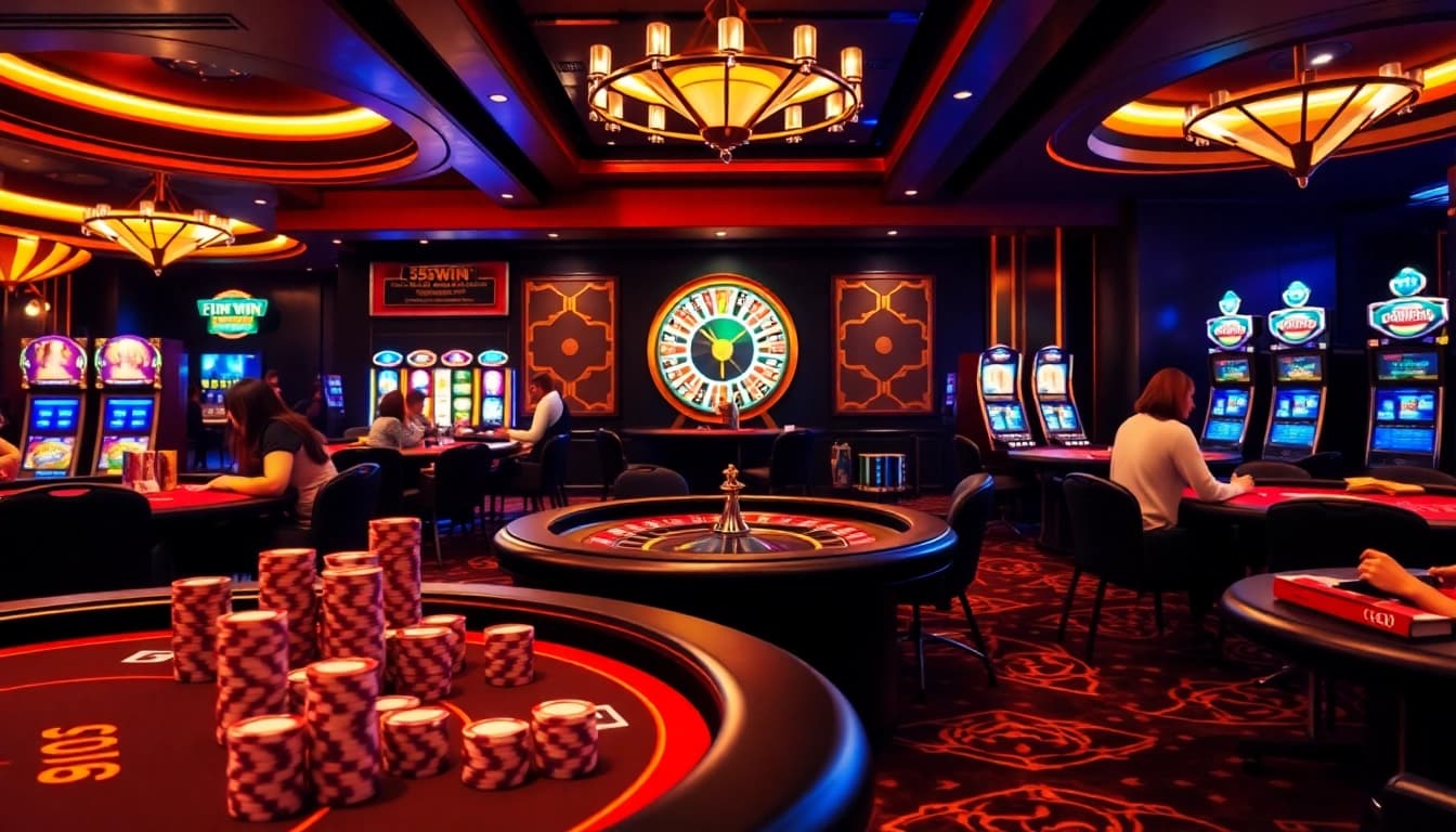 Experience the thrill of 555WIN casino with vibrant gaming tables and slot machines.