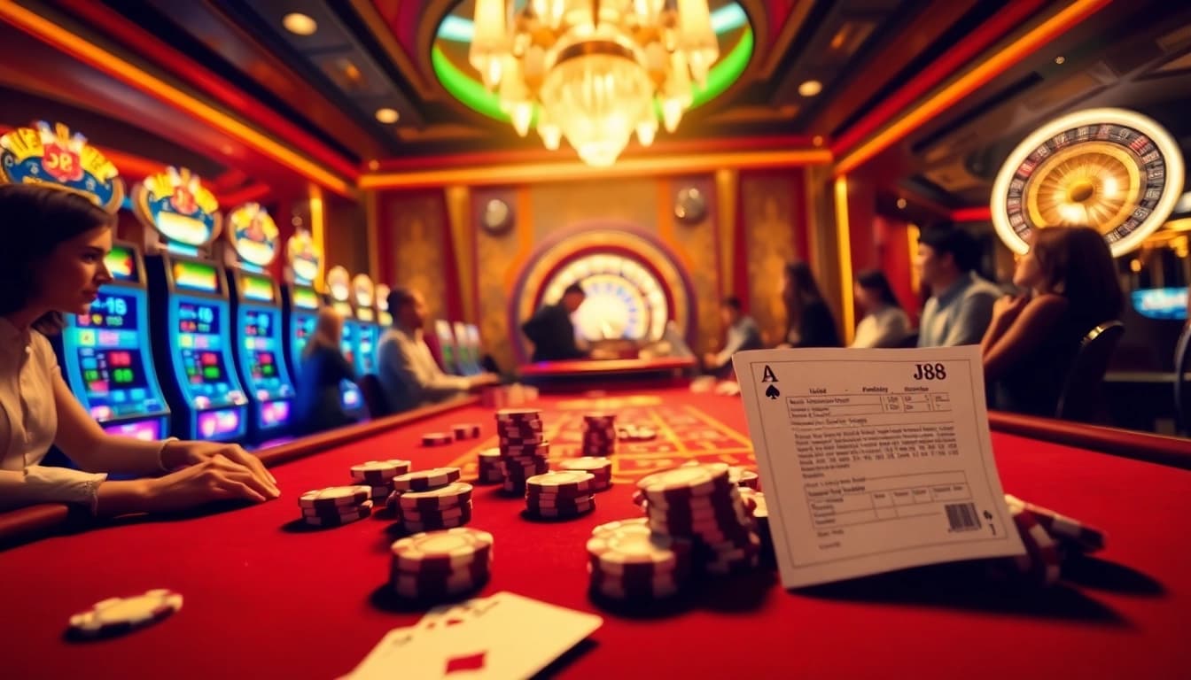 J88-themed casino scene showcasing thrilling poker action and vibrant gaming elements.
