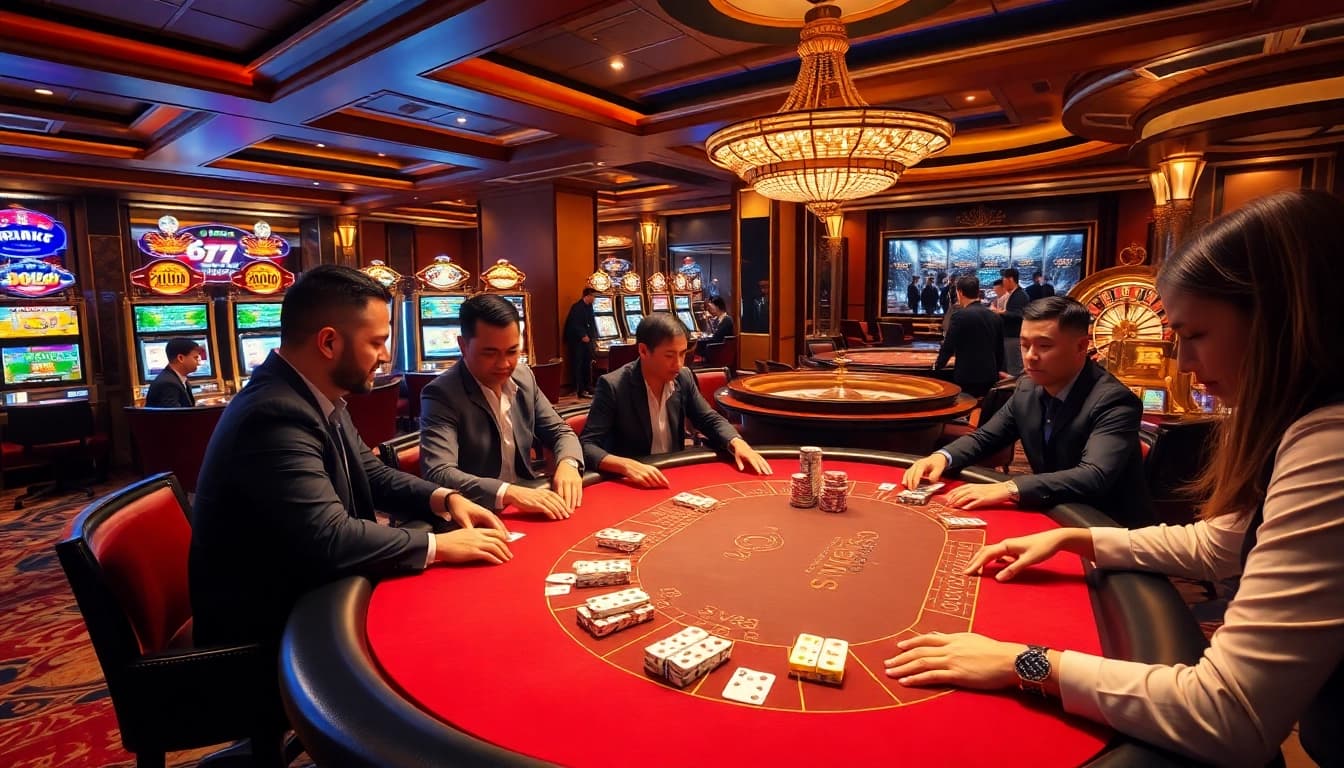 Exciting players at the SV88 gaming table showing vibrant poker chips and a high-stakes atmosphere.
