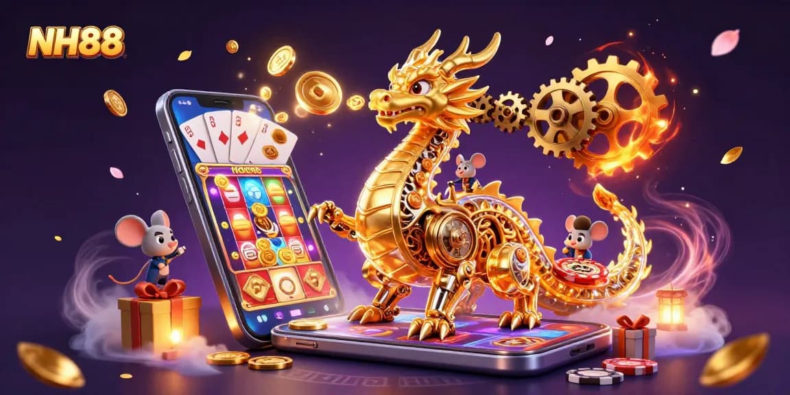 Engage with NH88's vibrant gaming world in a magical 3D scene featuring a golden dragon and interactive casino elements.