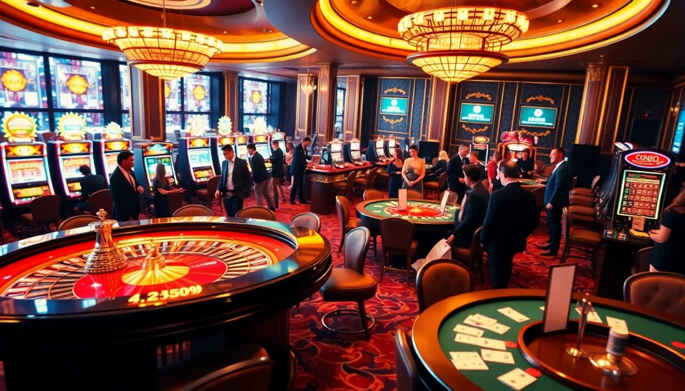 SODO casino scene showcasing players at high-stakes tables and vibrant slot machines, conveying excitement.
