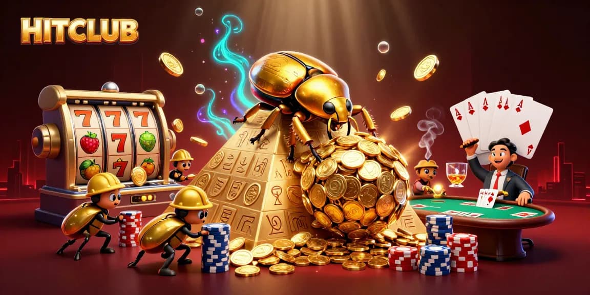 Experience the thrill at HITCLUB as a golden beetle rolls coins amidst vibrant slot game elements.