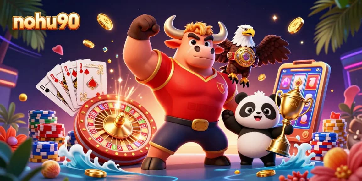 Spin the reels with nohu90 as the bull mascot celebrates victory amidst dazzling casino elements.