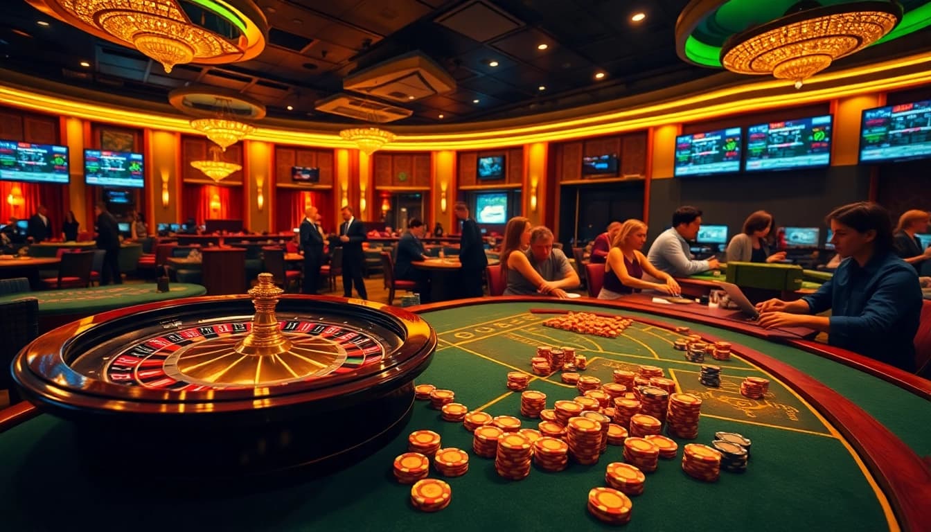 Experience sky88 thể thao with players enjoying thrilling games at a luxury casino setting.